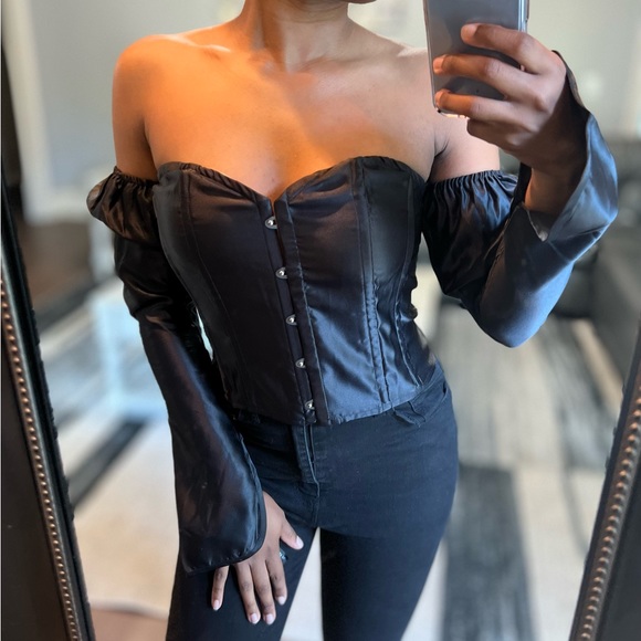 Pretty Little Thing Black Satin Long Sleeve Bardot Corset Top, US 6 - 8 M, NWT - Picture 3 of 8